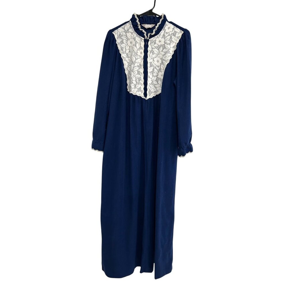 Vintage Navy Blue Ultra Plush Long Nightgown White Lace Details Ruffle Trim Sz M